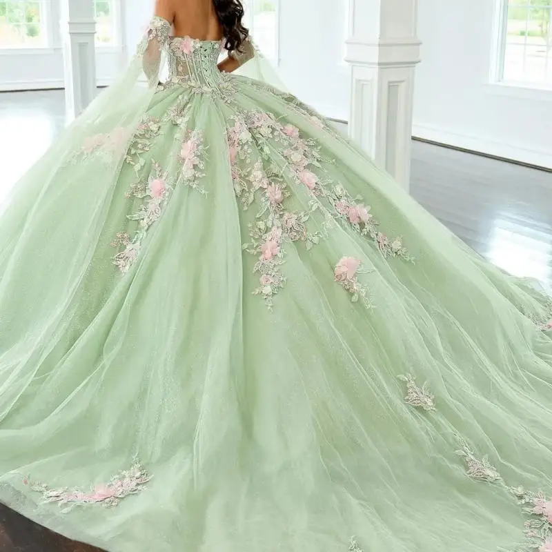 Abiti Quinceanera blu cielo personalizzati 2025 Applique Abito fiore 3D Abito da festa in tull lucido 16 Abiti da 15 anni