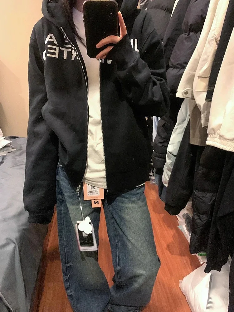 

Женская толстовка с капюшоном Black High Street для горячих девушек, повседневная универсальная осенняя толстовка на подкладке, корейский дизайн на молнии