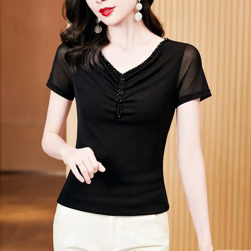 2024 Elegant Fashion Harajuku Slim Fit Female Clothes Loose Casual All Match Tshirts Solid V Neck Insert Short Sleeve T-shirts