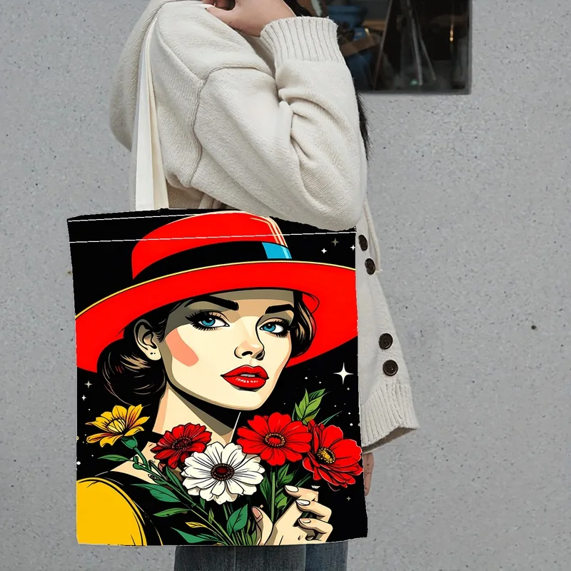 1pc Retro Red Hat Lady & Flowers Themed Printed Tote Bag,Reusable Shopping Bag, Suitable for Daily Use, Shopping, School, Travel
