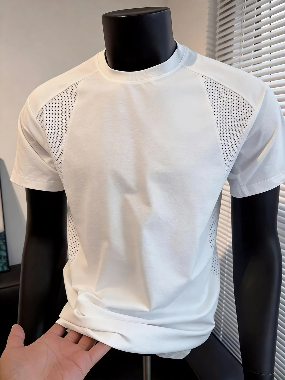 White Mesh Splice Deconstructed Shoulder Men's T-Shirt Fitness Sport Ice Silk Quick Dry Half Sleeve Casual round Neck T-Shirt