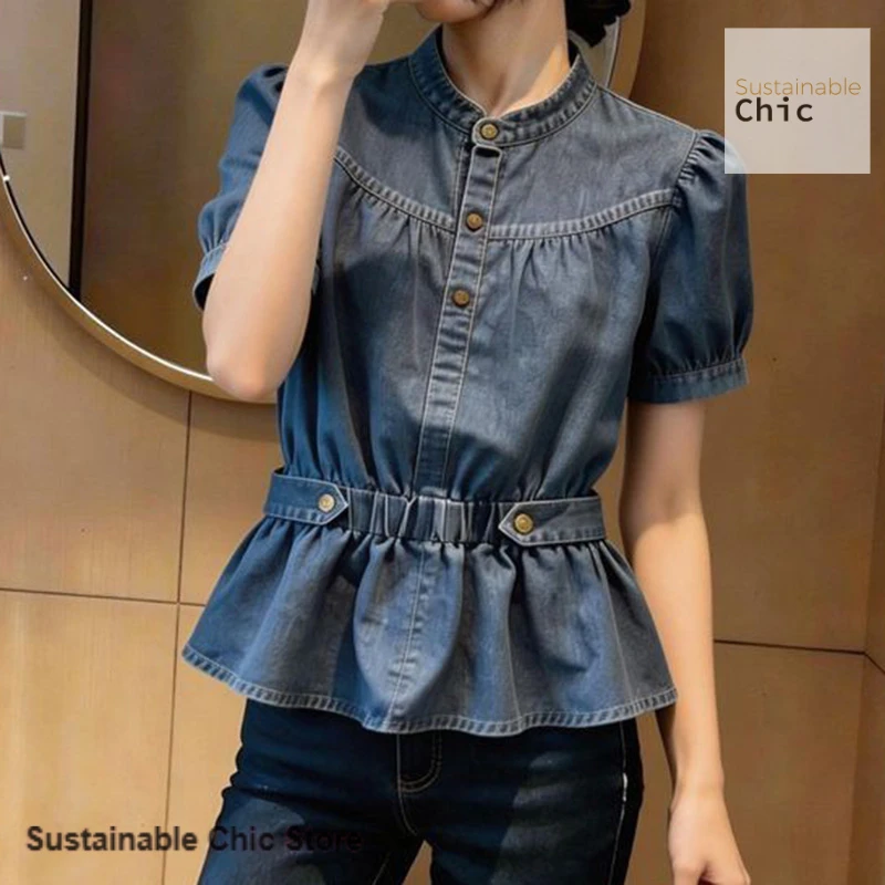 Korean gentle round neck fashion denim shirt women's short sleeve summer thin advanced design sense niche bubble sleeve top.