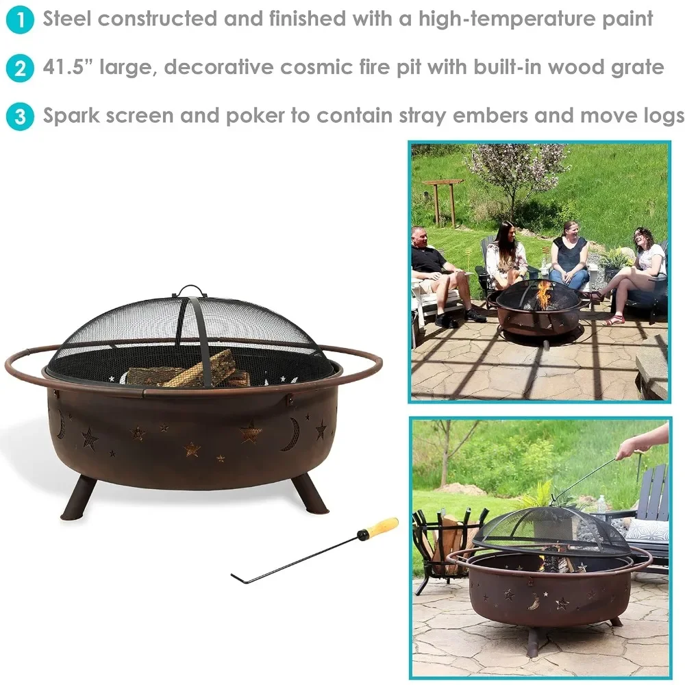 42-Inch Wood-Burning Steel Fire Pit with Round Spark Screen, Poker, and Built-in Grate - Rust Patina