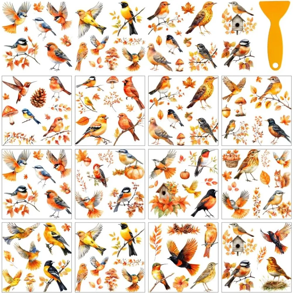 12 Blatt Vogel-Transferaufkleber mit Schaber, Herbstvogel-Aufkleber mit Herbstblumen für Buchhandlungen, Arbeitszimmer
