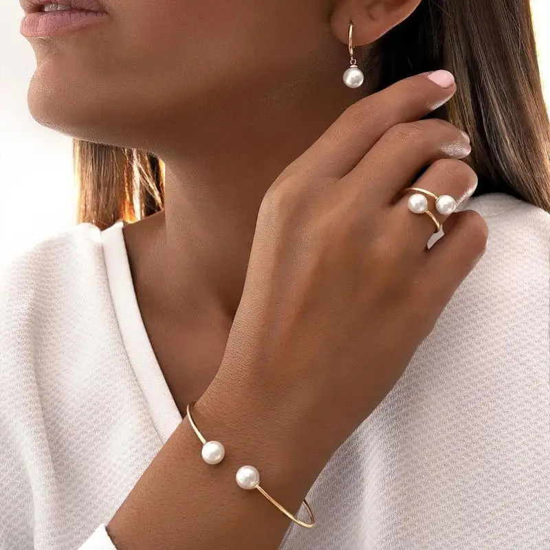 3pcs Set Fashion Minimalism Pearl Pendant Earrings Ring Opening Bangle For Women Commuting Versatile Jewelry Sets Accessory Gif
