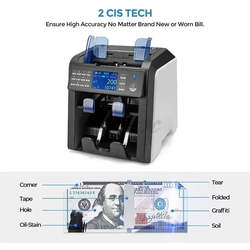 AL-950 Dual CIS Foreign Currency Counting Machine CIS Image Recognition Mixed Point Total Quantity Vertical Counter