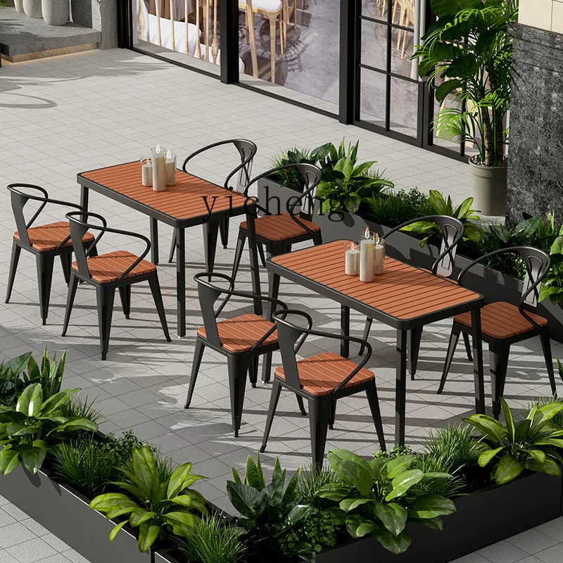 XL Outdoor Wrought Iron Plastic Wood Balcony Table and Chair Courtyard Garden Outdoor Waterproof Dining Tables and Chairs Set