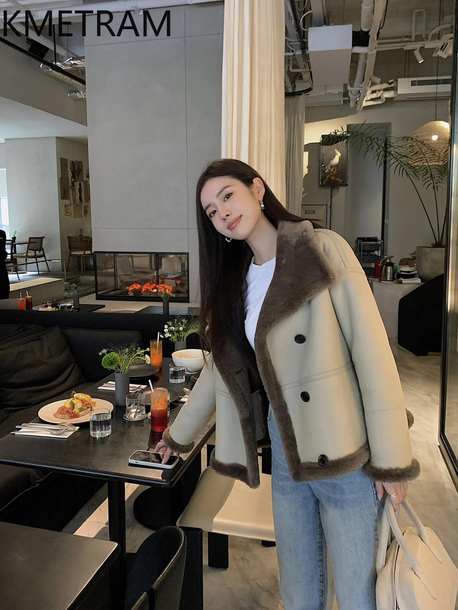 KMETRAM 천연 메리노 양가죽 울 부착 코트 여성용 스탠드 칼라 짧은 리얼 퍼 재킷 2026 겨울 여성 의류