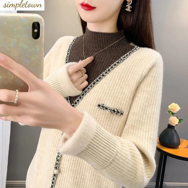 

Small Fragrant Wind Half High Neck Plush Thickened Sweater for Women's Winter Warmth Versatile Loose Knitted Sweater Trend