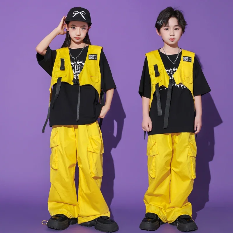 Hip Hop Outfits Boys Cool Tshirt Yellow Vest Cargo Pants Girls Jazz Street Dance Clothes Sets Child Streetwear Kids Costumes