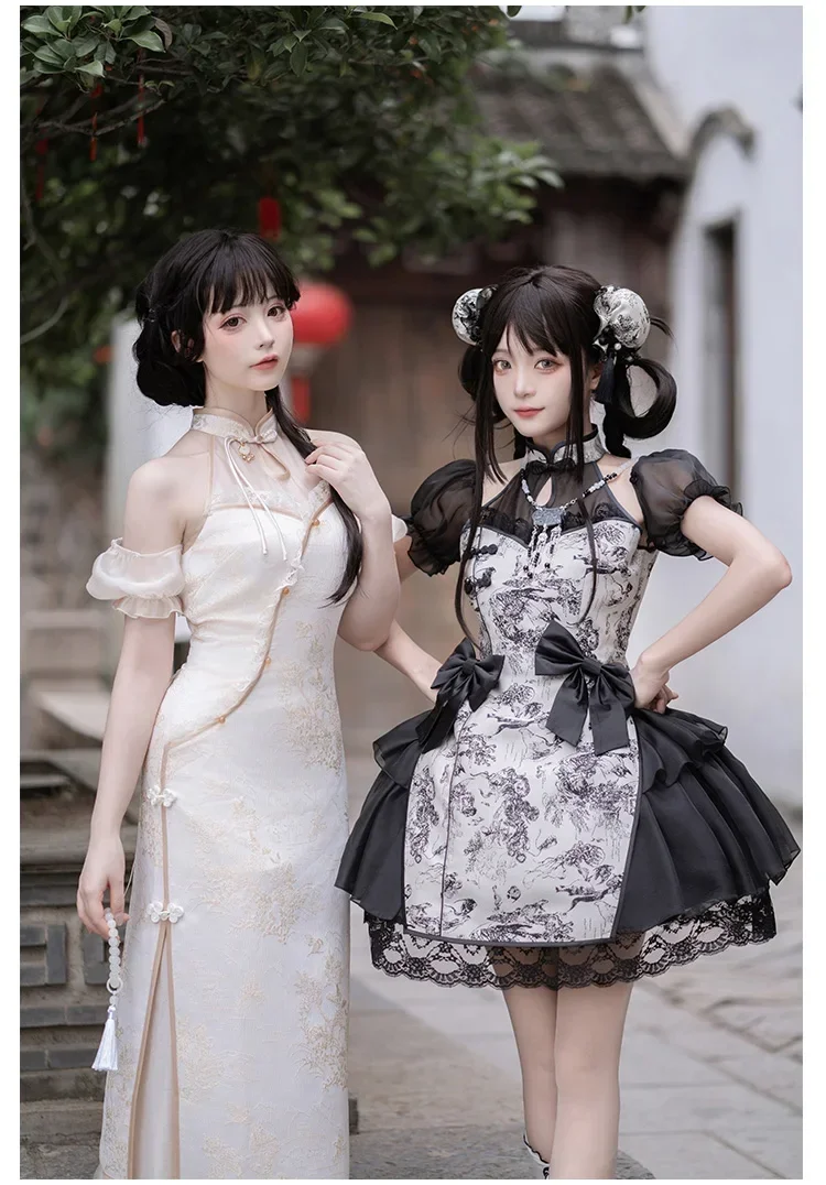 Nuovo abito corto op originale in stile cinese con grembiule Abito lungo cheongsam retrò Abiti stampati estivi con fiocco Lolita da donna