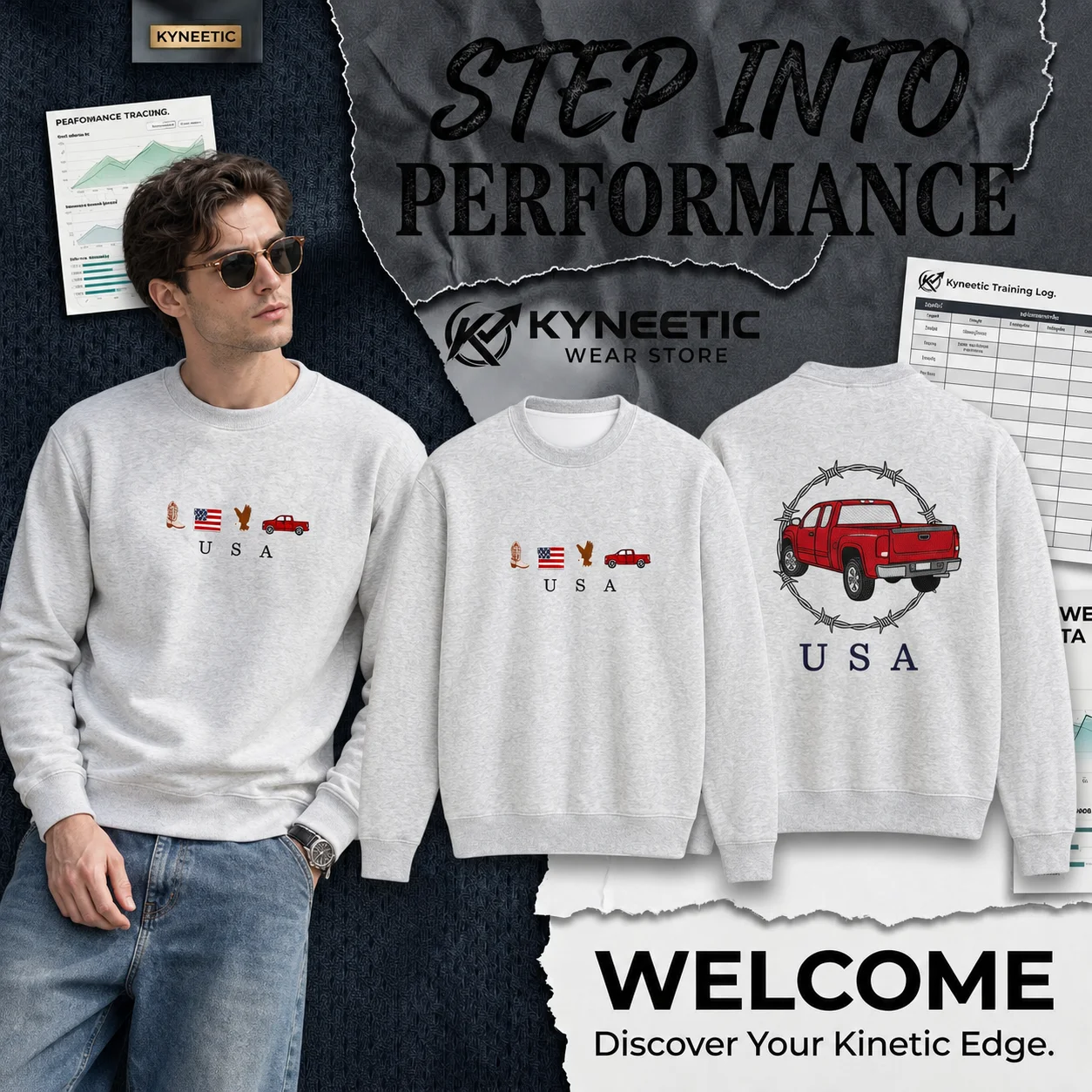 Country Red Pickup Truck USA Print Parent-Child Long Sleeve Crewneck Sweatshirt Casual Independence Day 4th of July Streetwear