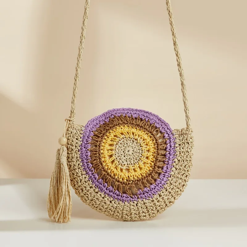 Women's Fashion Round Shape Straw Crossbody Bag Summer Paper Rope Hand-woven  Design Bohemia Bali Travel Vocation Beach Bag 2024