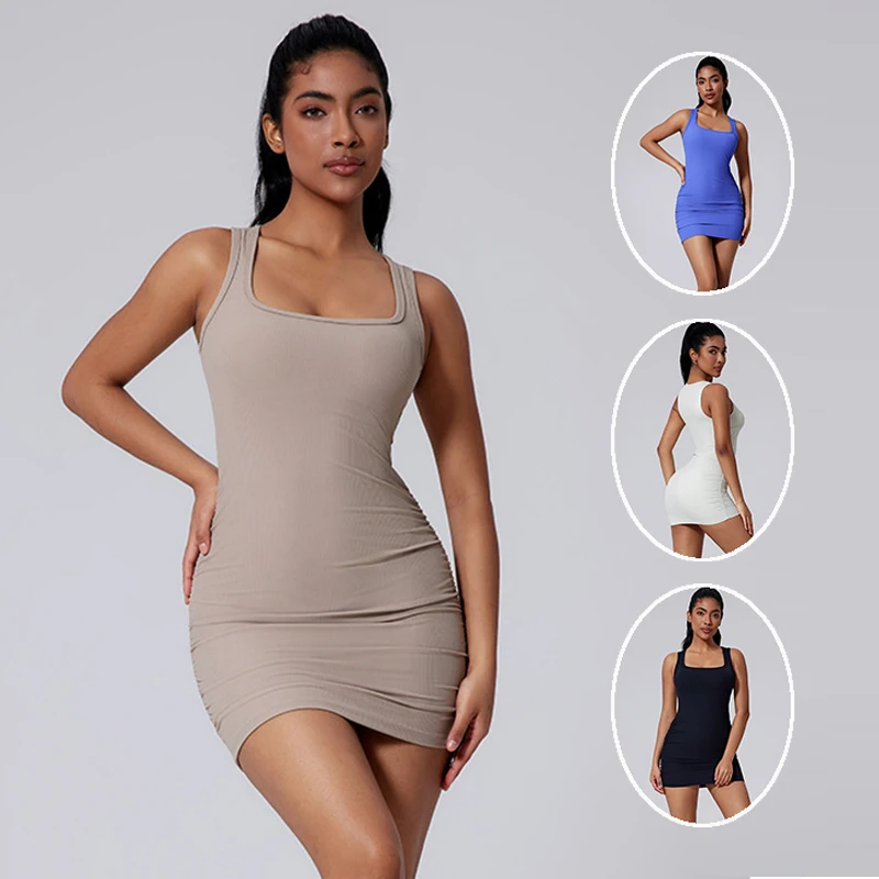 Women Camisole Dress Sleeveless Breathable Tennis Sportswear Slim Bodycon Pencil Yoga Dress Fitness Gym Tennis Skirt