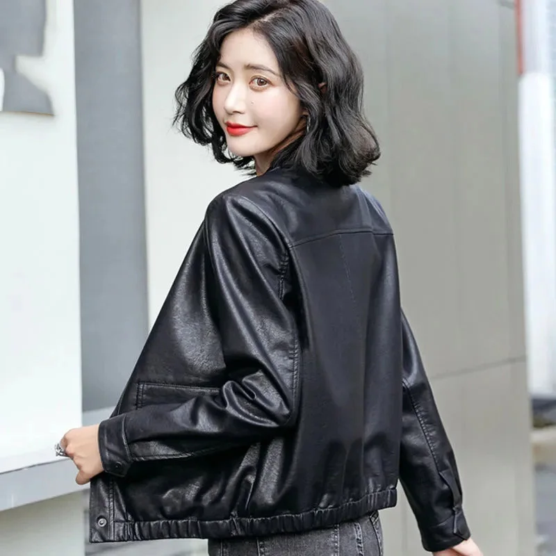 Autumn Women Stand Collar Large Size 4XL Tops Coat Ladies Faux Leather Jacket Korean Female Long Sleeves PU Leather Outwear