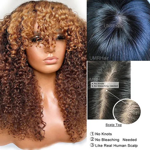 Honey Blonde Deep Wave Curly Scalp Perucas, 130% Densidade, Perucas de Cabelo Humano, Wear and Go, None Lace, Peruca com Bang para Bla, Top Bangs