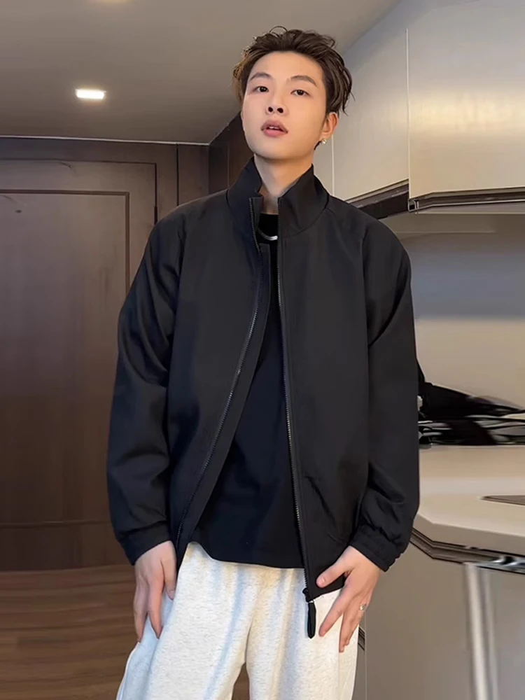 

Vintage American Sle Baseball Jaet Pure Bla Stand Collar Men's Spring Autumn Workwear Coat Youth Faion Polyester Fiber