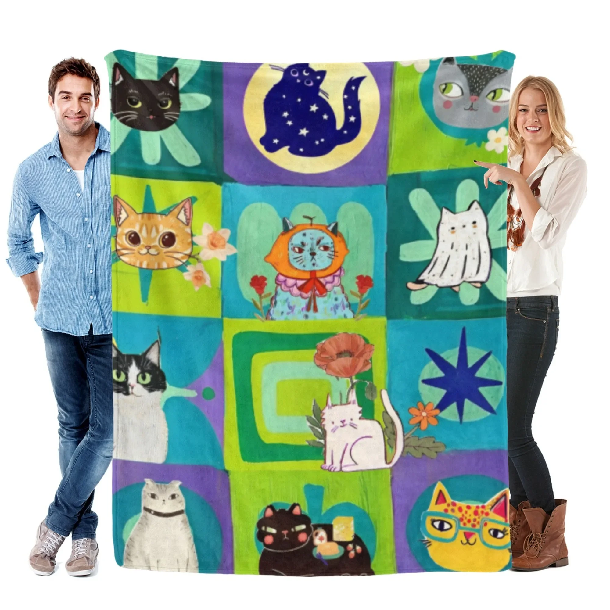 

Flannel Blanket with Playful Cat Print Collage AllSeason Soft Comfortable Throw for Bedroom Sofa Decor
