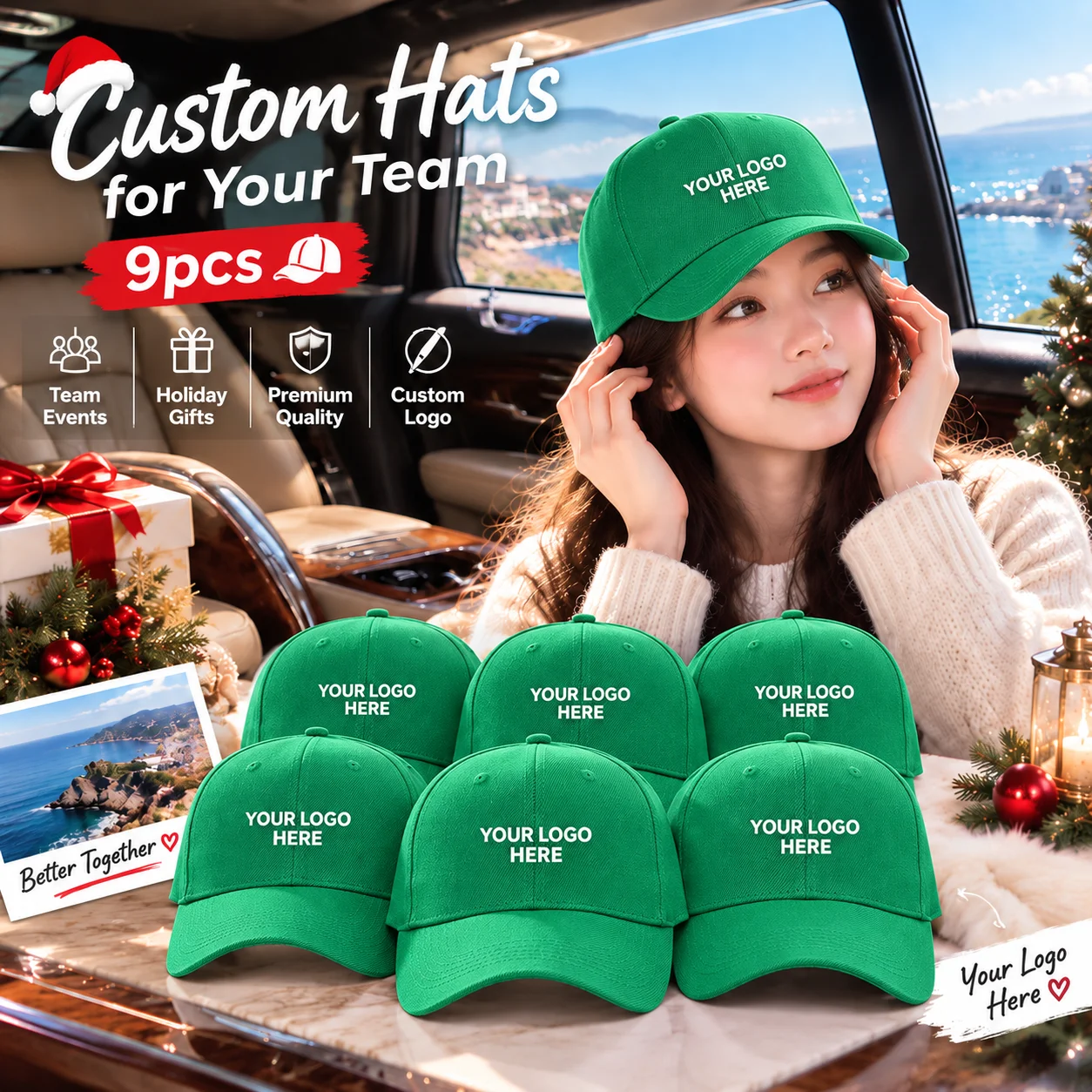 Pack of 9 personalized, solid-colored baseball caps—customizable with your own logo. Ideal as work caps for coffee shops and bak