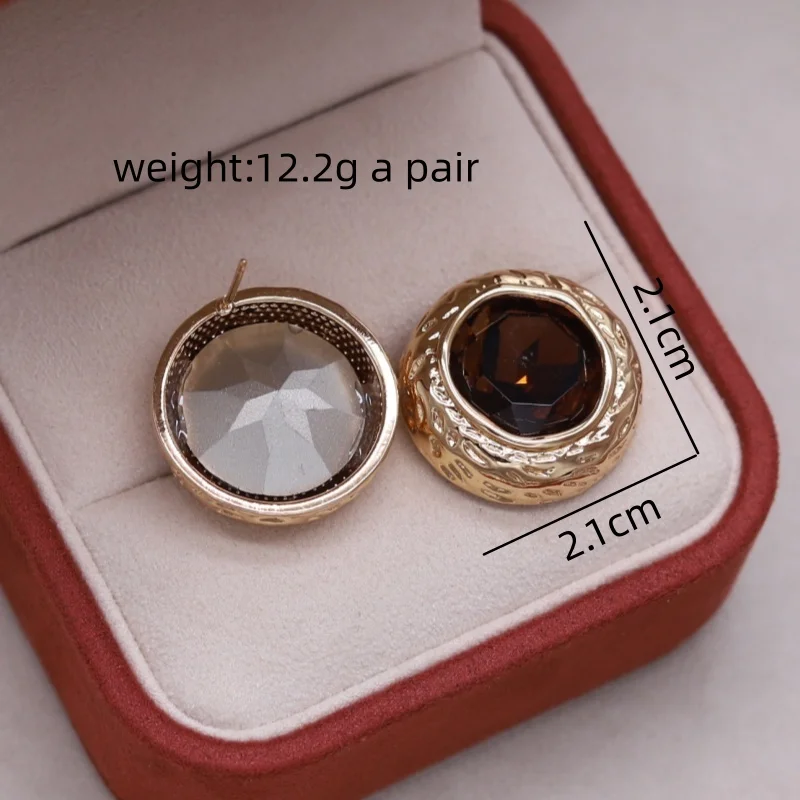 Korean new design fashion jewelry 14K gold plated simple round brown crystal earrings elegant women's daily work accessories