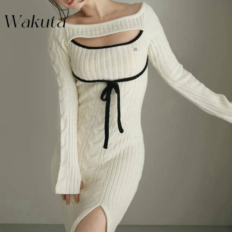 WAKUTA Japanese Style Niche Sweet U-neck Hollowed Out Apricot White Side Slit Knit Gown Versatile Lace Knit Midi Robe Streetwear