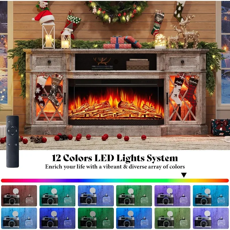 Suporte de TV com lareira, adequado para TVs menores de 80 polegadas e 70 polegadas, centro de entretenimento com luzes LED, com lareira de 36 polegadas cinza