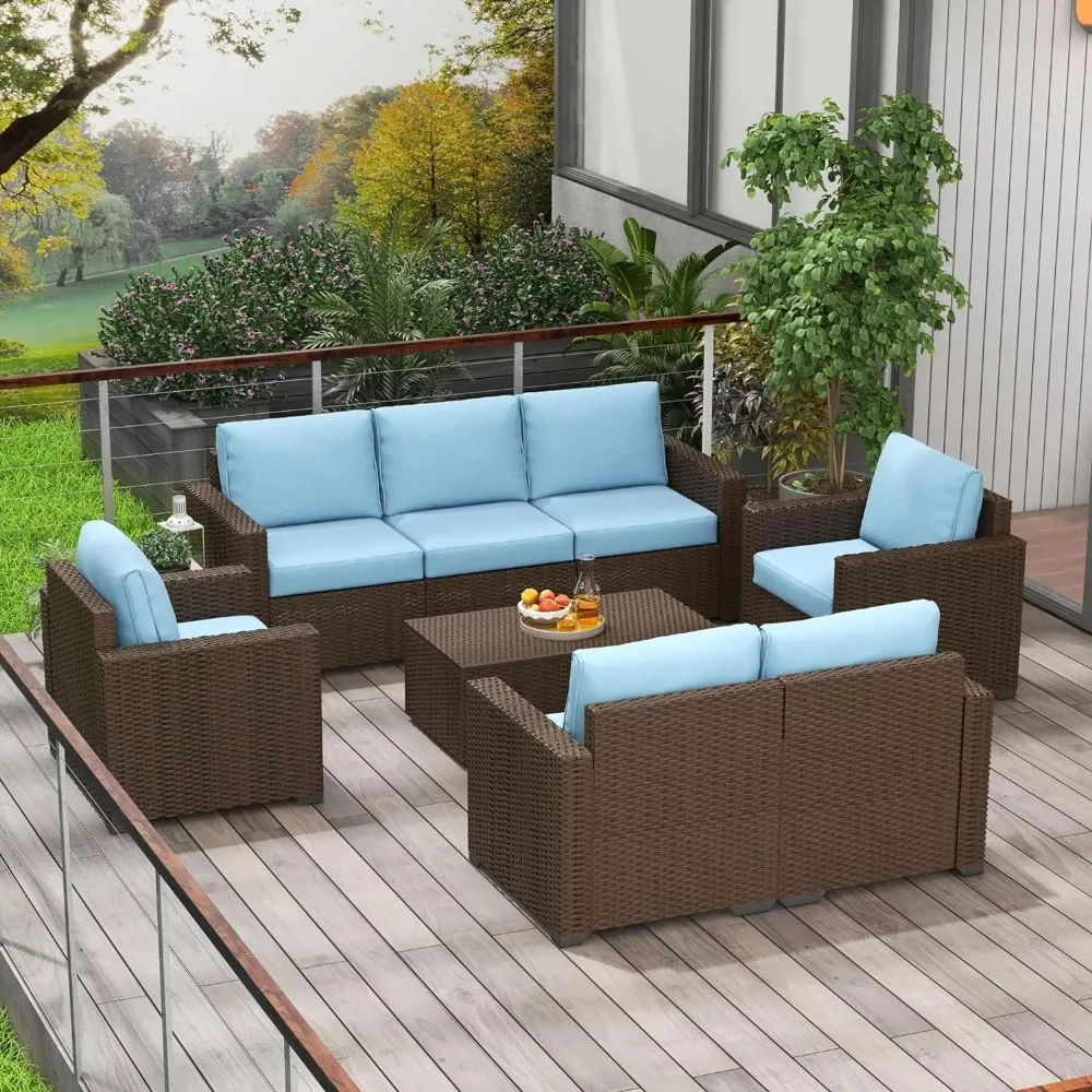 5 Piece Patio Furniture Set with Cushions, Outdoor PE Rattan Wicker Conversation Sofa Set with Storage Bin Coffee Table