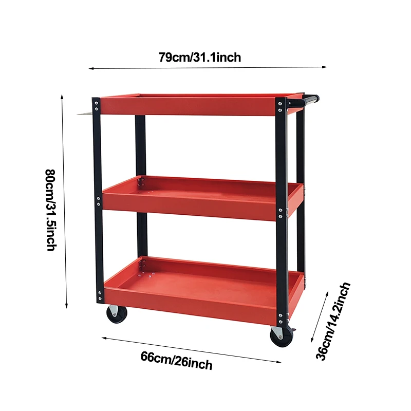 LEADLOONG مقعد إصلاح السيارات 3 طبقات عربة أدوات دوارة، سعة 330 رطل، أحمر، 3 أرفف عربة أدوات فولاذية للمرآب، ورشة عمل