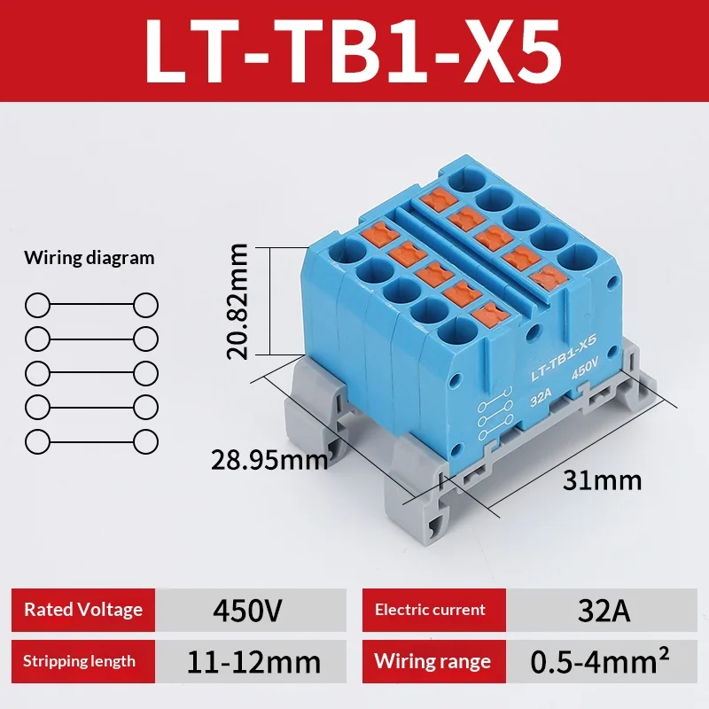 Push-in-Klemmenblock, Mehrfach-Ein- und Ausgangsklemme, Schnellverbindung von Drähten, DIN-Schienen-Kabelverbinder, Universelle Anschlussdose TB1-X6D