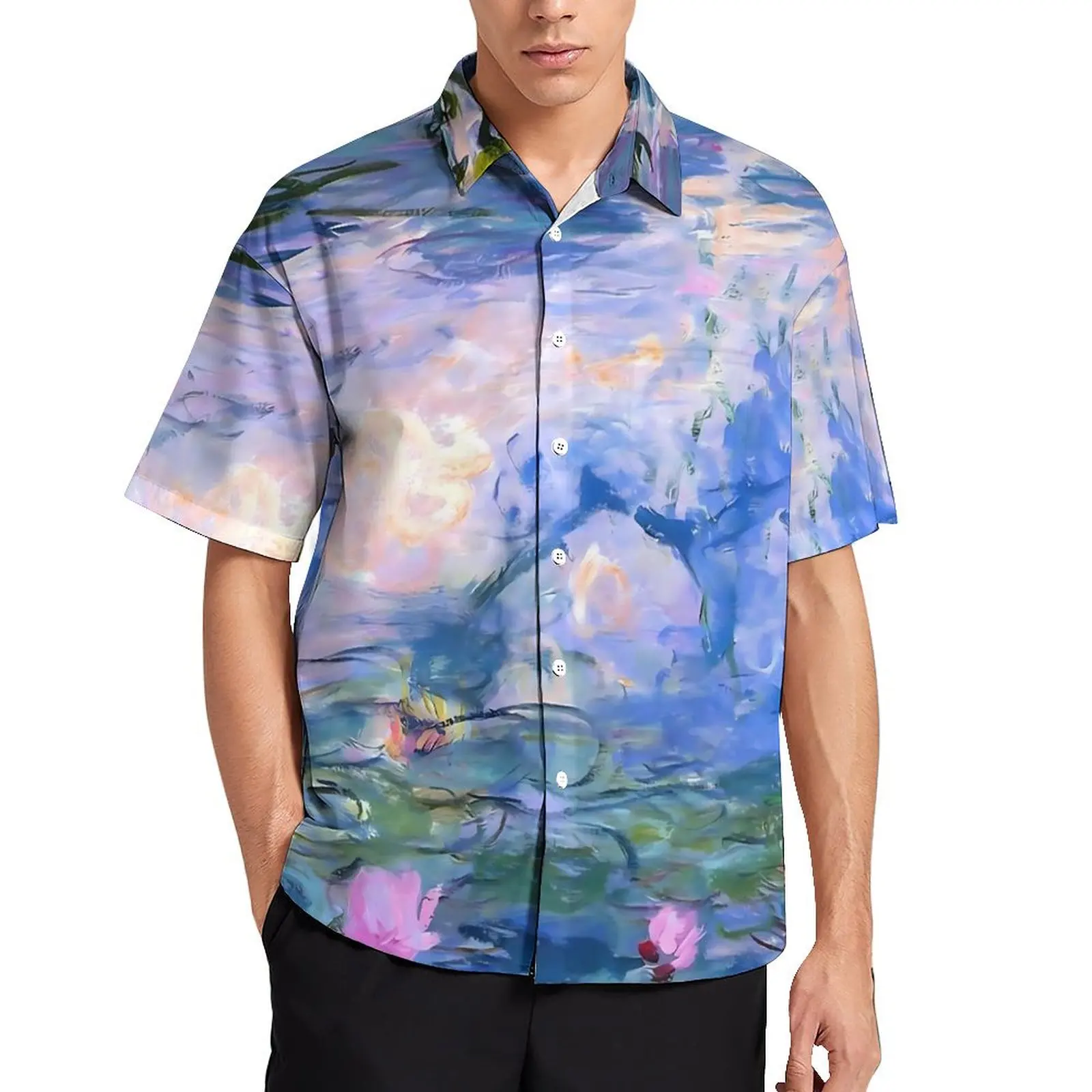 

Painting Print Vacation Shirt Water Lilies Monet Hawaii Casual Shirts Men Novelty Blouses Short Sleeve Fashion Graphic Clothes