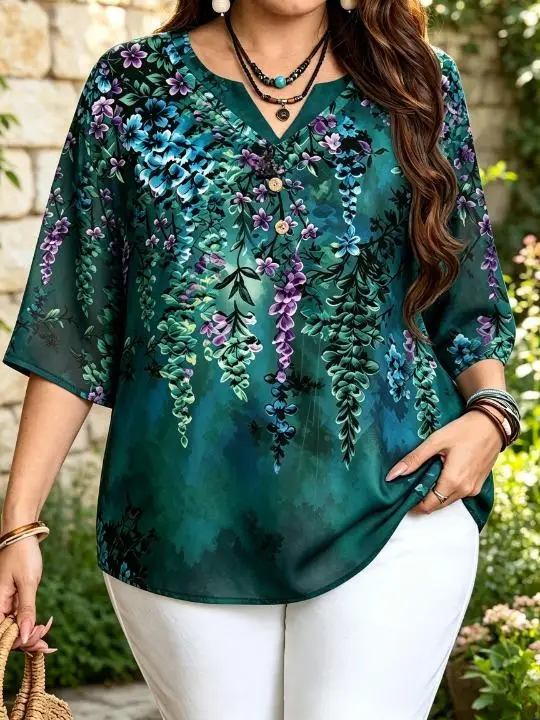 Women Hanging Floral Print Blouse For Curvy Figures Notched Neck 3/4 Sleeve Loose Casual Ladies Tops