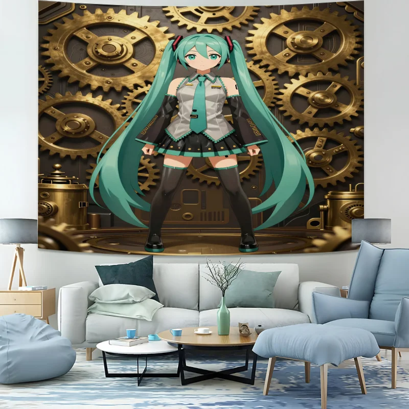 Steampunk Gear Hatsune Miku Tapestry Wall Hanging Backdrop Decor HD Print Wall Blanket for Teens Bedroom Living Room Dorm