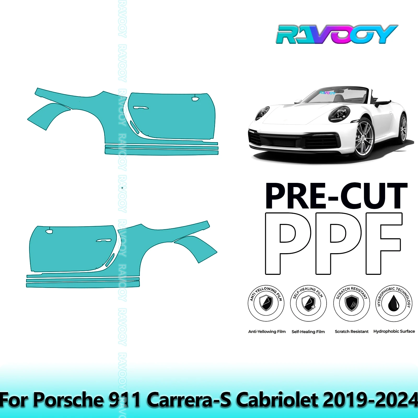 

For Porsche 911 Carrera-S Cabriolet 2019-2024 8.5mil Clear Matte Pre-Cut PPF Door & A/B Pillar Kit TPU Paint Protection Film Set