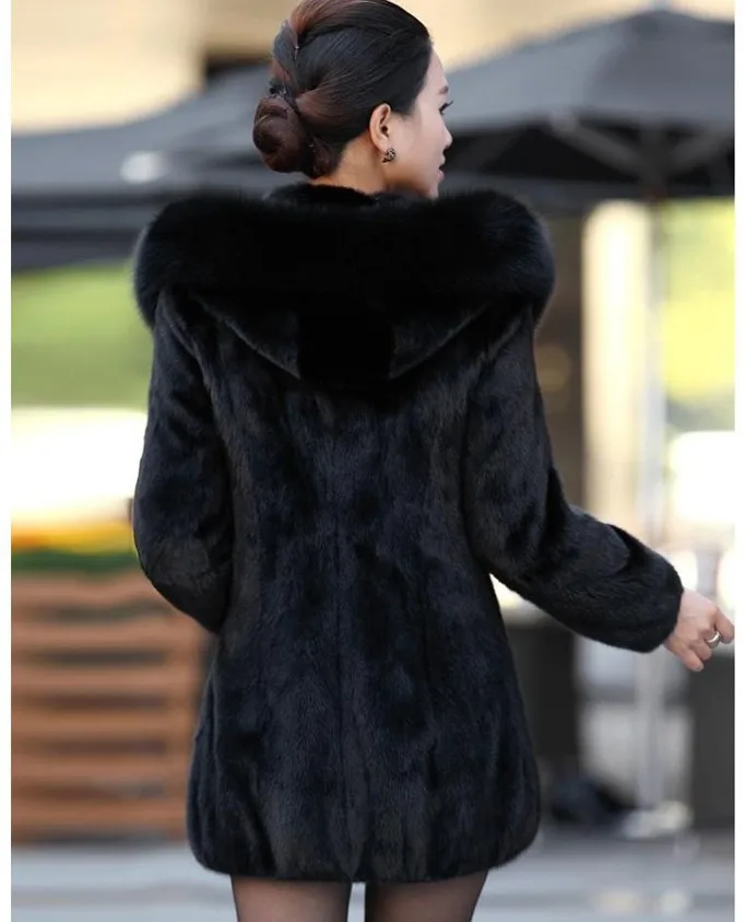 Women Coat Autumn And Winter New Rabbit Fur Coat Imitation Fox Fur Collar Long Hooded Thickened Black Fashion Long Coat