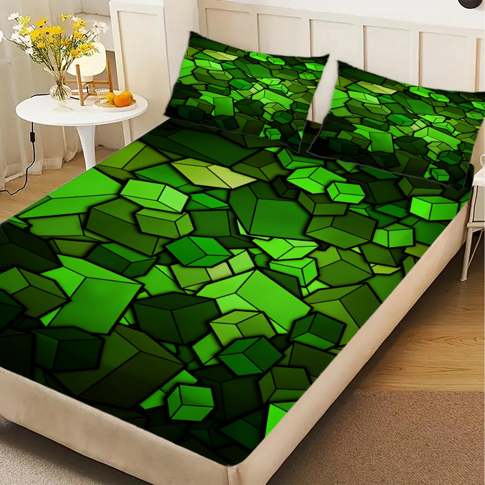 Green Mosaic Stained Glass Fitted Sheet Set Soft Breathable Microfiber Fabric 3D Irregular Geometric Bedding For Bedroom