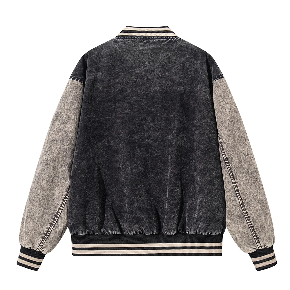 Herren Vintage Washed Denim Varsity Jacke Farbblock Knopfleiste Mantel Locker Sitzende Passform Lässige Herbst-Winter-Oberbekleidung – Detail 7