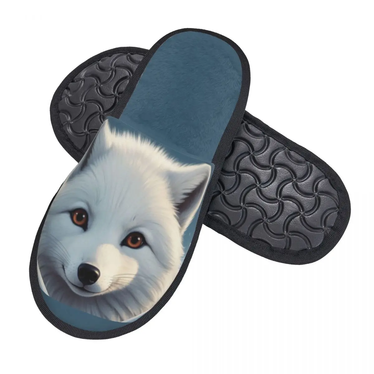 Winter Warm Women Men Plush Flat Indoor Slippers Cute White Fox In The Snow Furry Home Non-slip Shoes