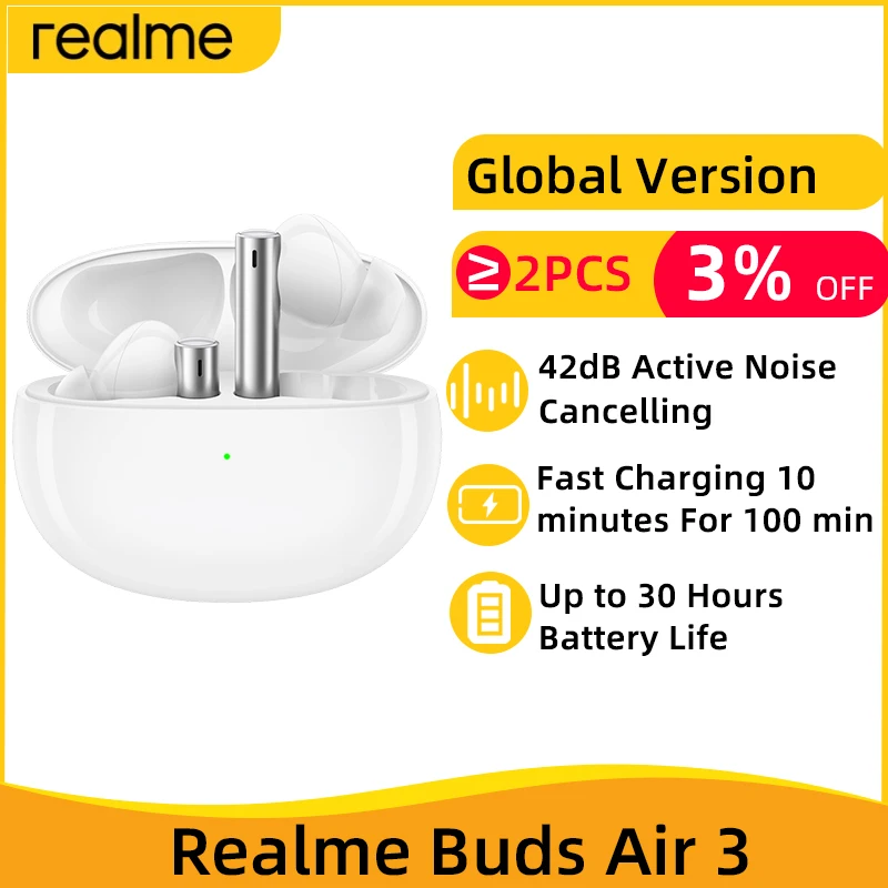 Realme buds Air 3 TWS Earphone Bluetooth 5.2 42dB Active Noise Cancellation AI Wireless Headphone 30 Hours Battery life IPX5