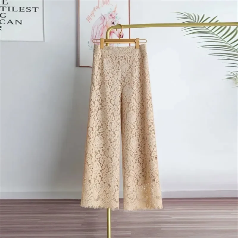 2024 New Slacks Lace High Waist Ankle-Length Wide Leg Pants Loose Casual Elegant Women Pantalones Korean Baggy Straight Trousers