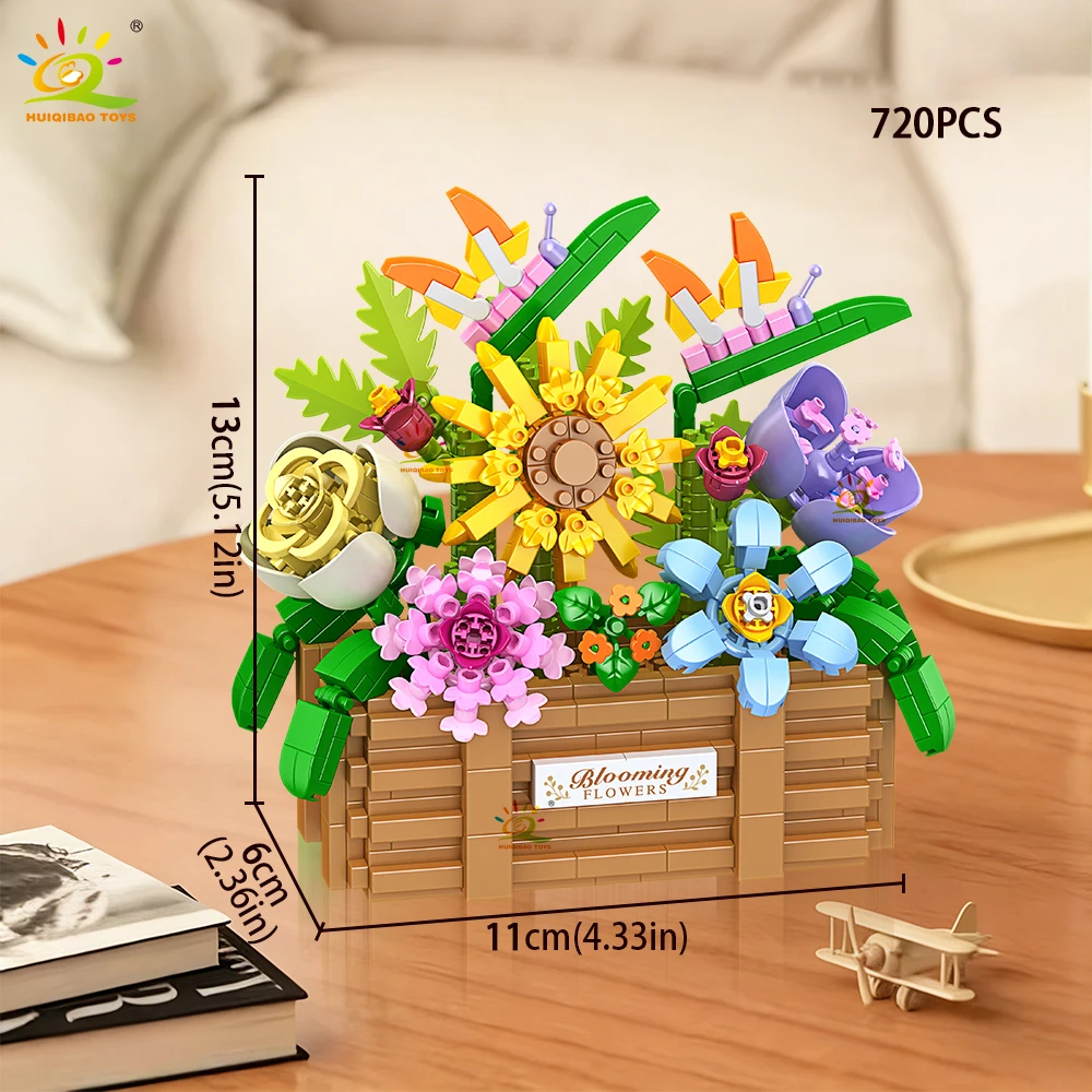 HUIQIBAO MOC Rosen-Sonnenblumen-Blumentopf Mikro-Baustein-Set DIY Blumenstrauß-Korb Mini-Diamant-Bausteine Kinderspielzeug Schreibtisch-Deko – Detail 8