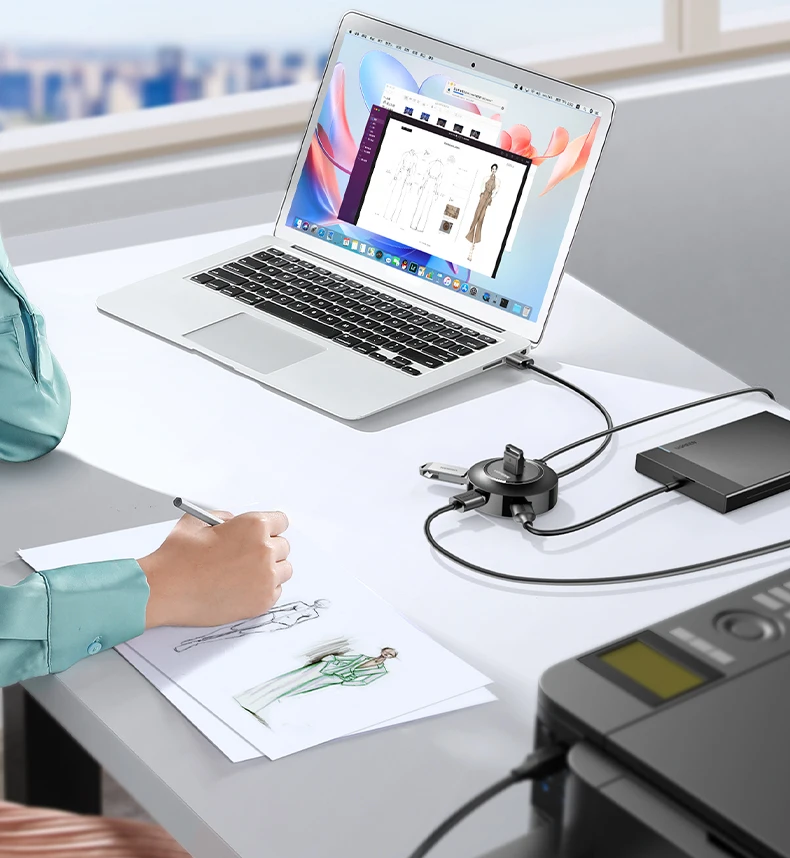 UGREEN USB 2.0 Hub Adaptador multifuncional de 4 puertos con cable de extensión USB Transferencia rápida de datos Admite discos duros de alta capacidad