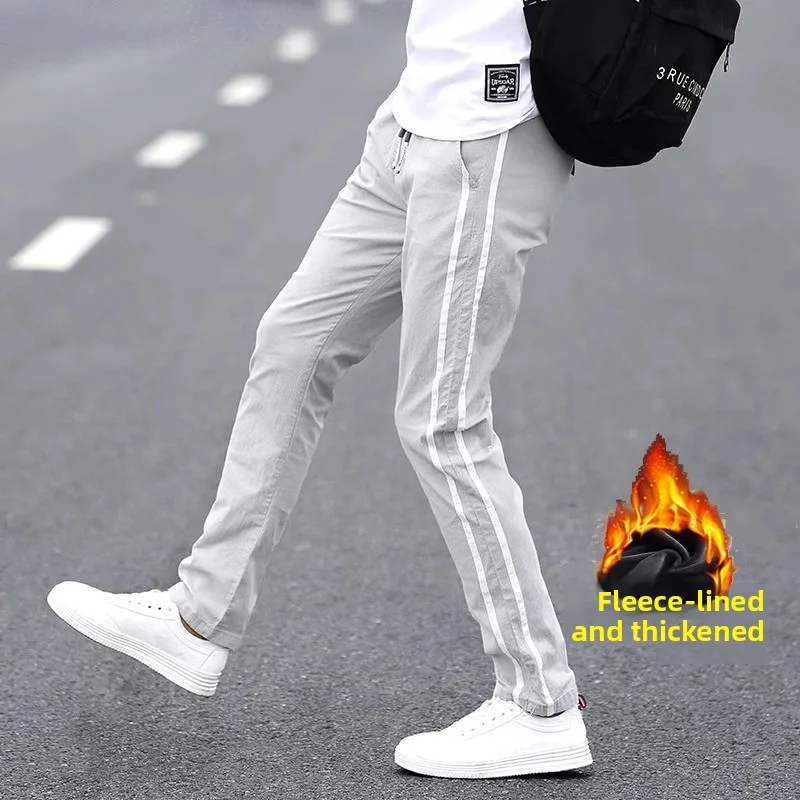 

Мужские спортивные брюки прямого кроя в полоску, повседневные, весна 2024, облегающие, модные, с завышенной талией, утепленные, зимние