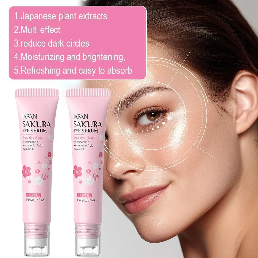LAIKOU Sakura Firming Eye Cream With Roller Ball Quick Drying Hydrating Hyaluronic Acid Refreshing Eye Serum 15ml