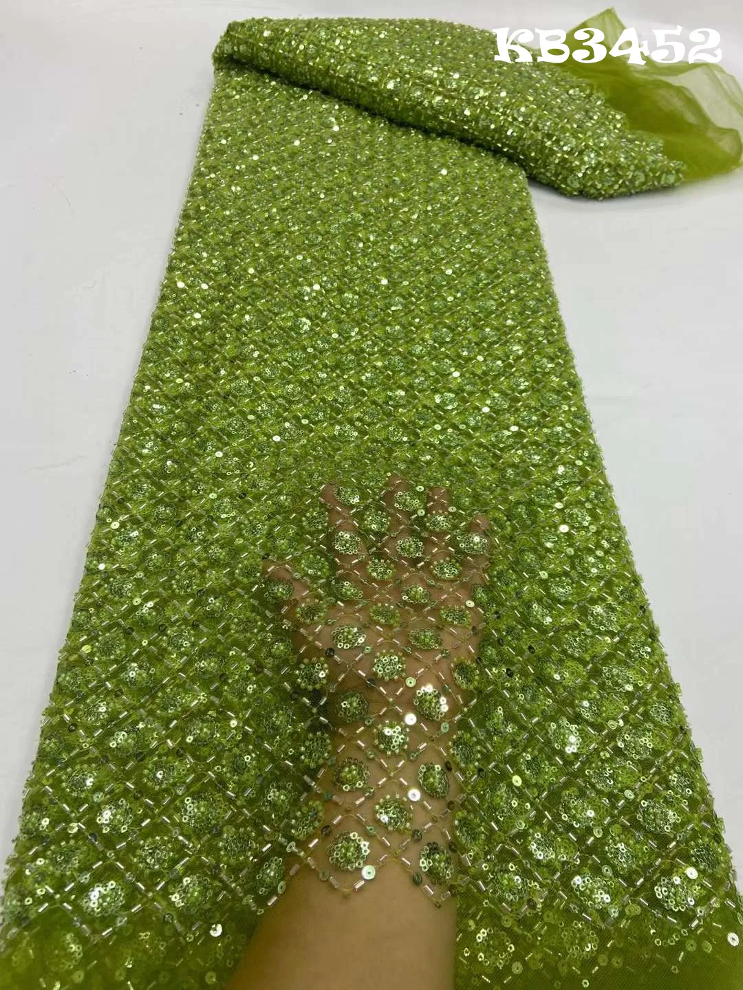 

2024 Latest African Green Beads Lace Fabric Nigerian 5 Yards Sequence Tulle Lace Embroidery Net For Wedding Dress Sewing KB3452