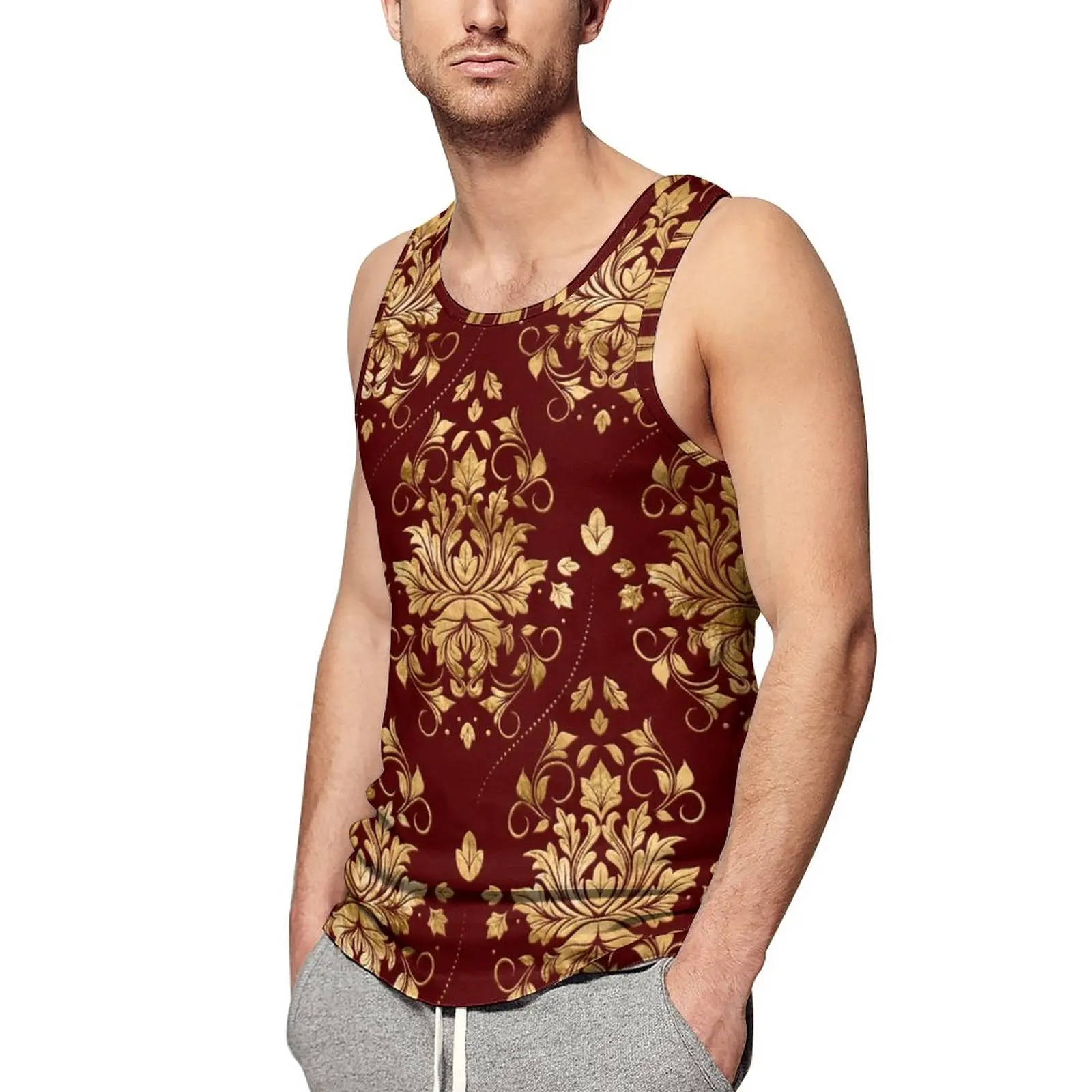 Gold Baroque Tank Top Oriental Vintage Damask Muscle Tops Beach Gym Man Pattern Sleeveless Vests Plus Size