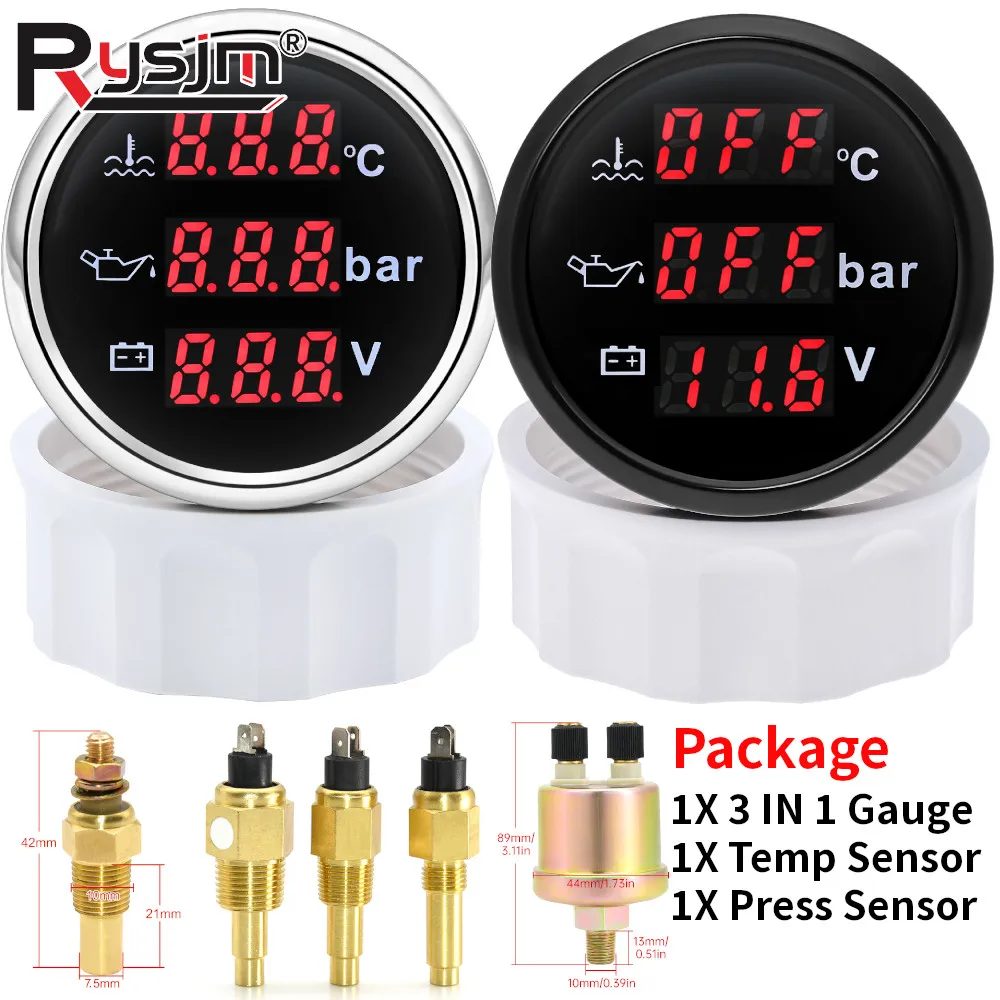 3 In 1 Digital 52mm Gauge + Temp Sensor+Press Sensor 0~120℃ Water Temperature Meter + Oil Pressure Gauge + Voltage With Alarm