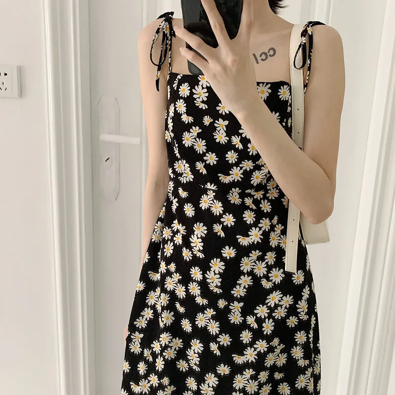 

Summer Floral Dress Women Korean Fashion Black Mini Slip Dress Cottagecore Sweet Beach Holiday Sundress Chic Harajuku Streetwear