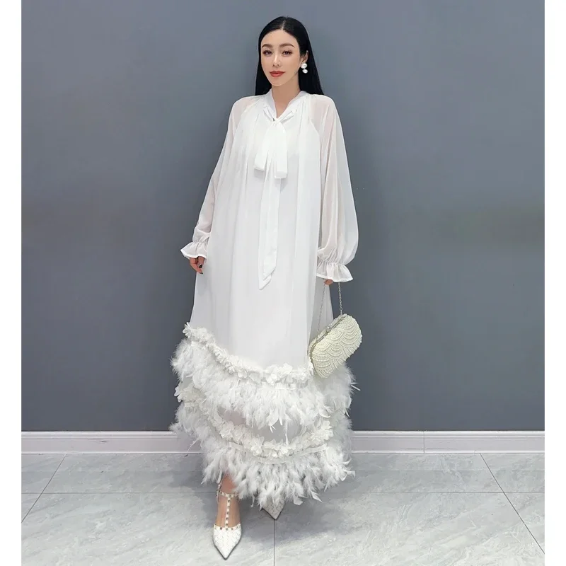 Autumn New Heavy Industry Feather Fungus Gorgeous Dress Chiffon Long Sleeve Big Swing Elegant Fashion Long Dress for Women