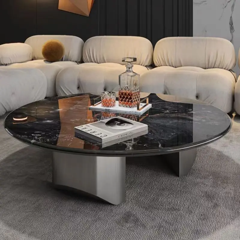 #Italian-style Microlite Wood Marble Round Tea Table Minimalist Living Room Coffee Table Combination with Stainless Steel Frame