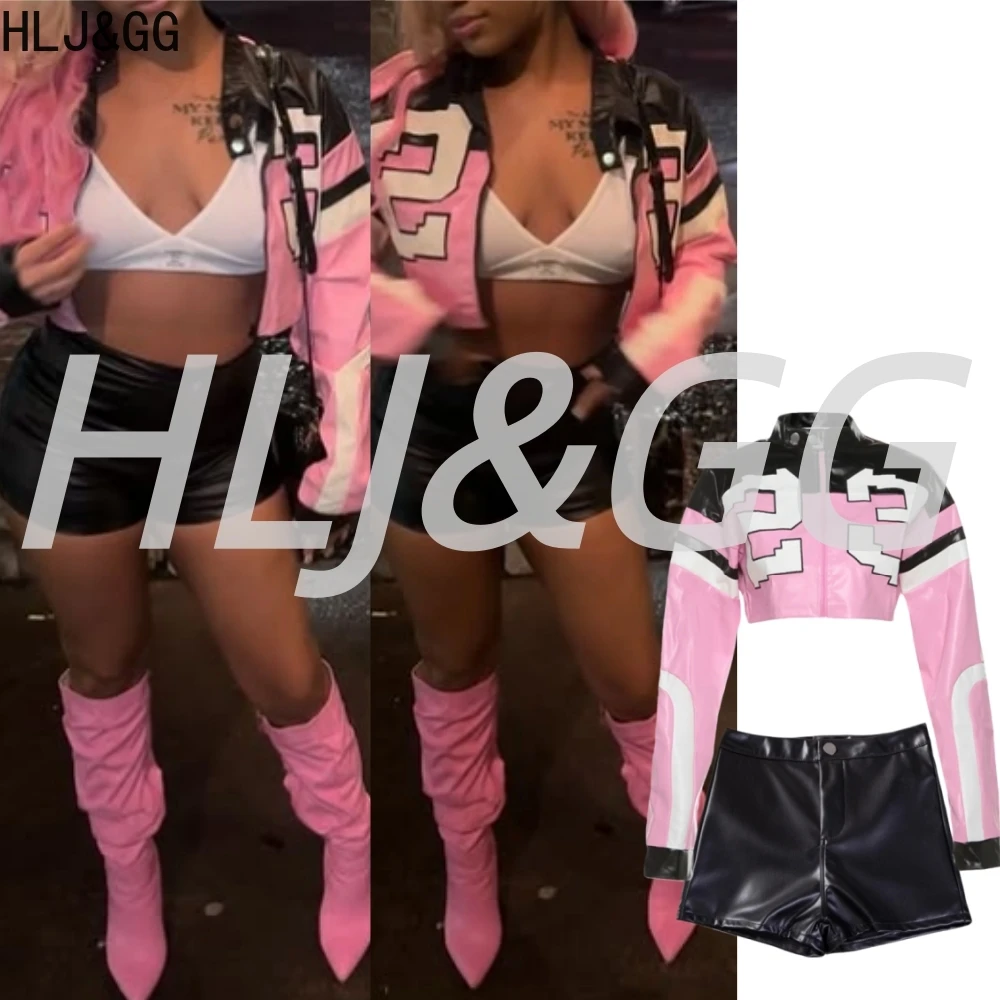 

HLJ&GG Fashion Leather Letter Print Jacket Two Piece Sets Y2K Women Zip Long Sleeve Crop Top And Button Shorts Outfit Streetwear